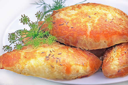 Baked homemade Karaite dish in a white background. Sausage rolls on a plate.の写真素材