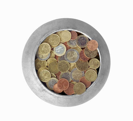 Pot with euro coins isolated on whiteの写真素材