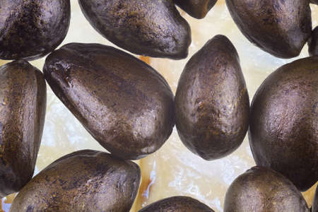 Annona fruit seeds in macro on a fruit pulp