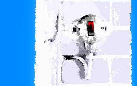 Close view of  old electric switch on a brick wall fragment