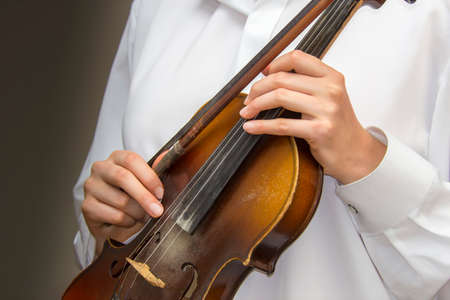 Close view of girl's hands on the strings of a violinの写真素材