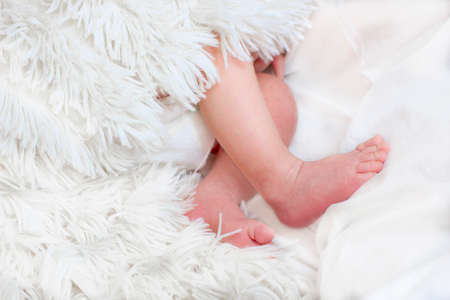 Close view of baby's feet in a blurred backgroundの写真素材