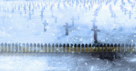 Brass ammunition with a lead bullets row in a cemetery with concrete crosses during the winter snowfallの写真素材