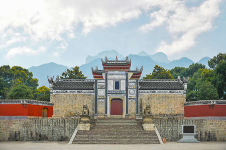 Ancient architecture in China on a hazy day.