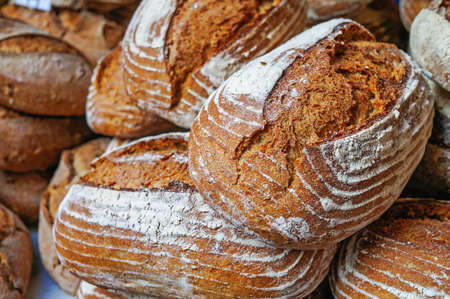 Breadstuff on a table in a market. Close view.