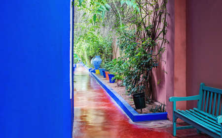 Fragment of interior with a bench, pots with plants, red floor and blue space for text. Morocco.の写真素材