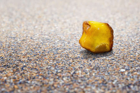 Natural piece of amber on a seashore small gravel. Close up.