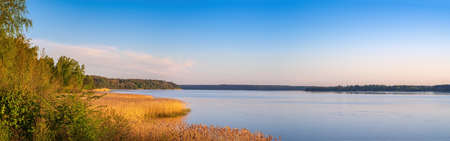 Panoramic view of lake coast on sunrise in spring. Lithuania, Kauno marios.の写真素材