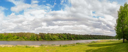 Panoramic view of River Nemunas on cloudy summer day in Birstonas . Lithuania.