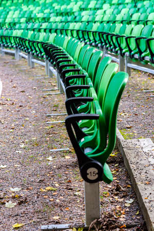 chairs waiting for the audience. no people because of corona covid-19の写真素材