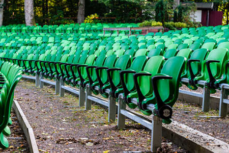 chairs waiting for the audience. no people because of corona covid-19の写真素材
