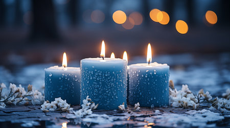 Winter christmas candle with snow and copy space created by aiの素材