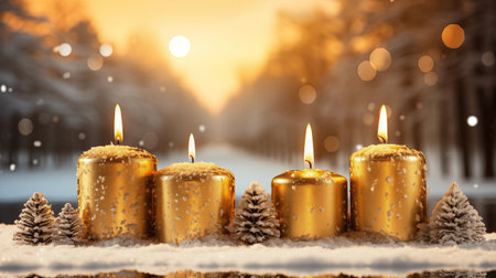 Winter christmas candle with snow and copy space created by aiの素材