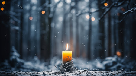 Winter christmas candle with snow and copy space created by aiの素材