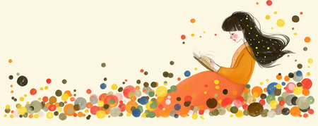 Illustration of a young girl reading a book on a colorful backgroundの素材