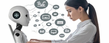 woman with AI technology around her. brainstorms come up with new ideas created by AIの素材