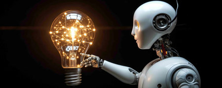 ai robot shakes hands with a human hand. bulb. brainstorms come up with new ideas created by AIの素材