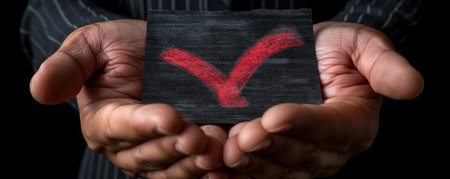 Male hands holding a black box with a red check mark in itの素材