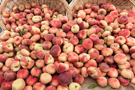 Flat donut peaches displayed from a basket at the farmer s market 