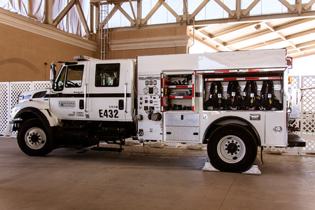 White fire truck on display at the San Diego County Fair, June 7, 2014 - Del Mar, CA. Photo taken on...