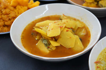Light Yellow Curry Fresh Mackerel Steaks In Delightfull Spicy And Sour Soup の写真素材