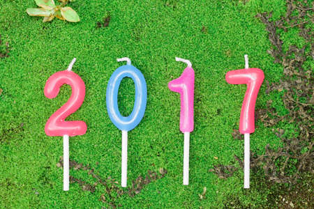 new year 2017 (A.D.) candle text on green moss background