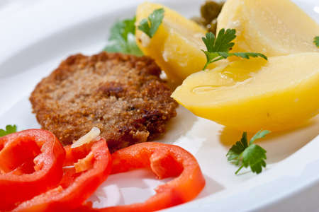 food series: fried chicken fillet with vegetables on the plateの写真素材