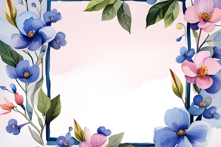 Floral frame with blue and pink flowers and leaves. Watercolor illustration.の素材