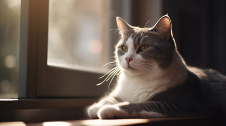 Portrait of a cat lying on a window sill in the sunlightの素材