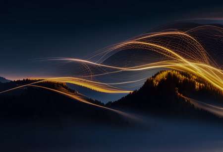 Fantastic abstract landscape with glowing lines. 3D Renderingの素材