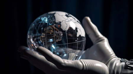 Close up view of robot hand holding Earth globe. 3D renderingの素材