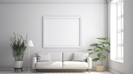 interior with white sofa, 3d illustration mock up poster frameの素材