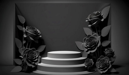 Black and white 3D render of a podium with rose flowers and leaves. Generative AI.の素材