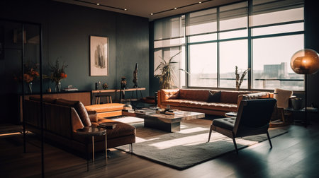Interior of modern living room with brown leather sofa and black armchairsの素材