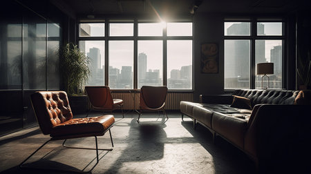 Interior of modern living room with brown leather sofa and coffee tableの素材