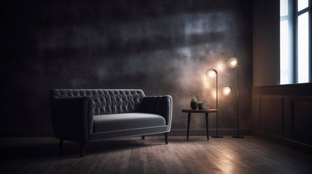 Interior of a dark room with a sofa and a table. 3D renderingの素材