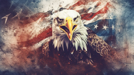 American eagle with USA flag on grunge background. 3D illustrationの素材