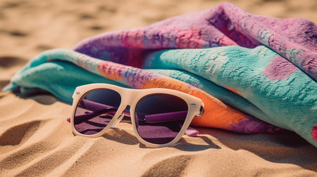Beach towel and sunglasses on the sand. selective focus. nature.の素材