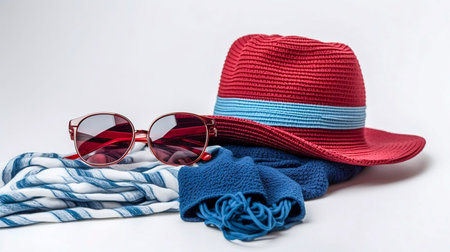 beach accessories. Straw hat, towel and sunglasses on white background.の素材