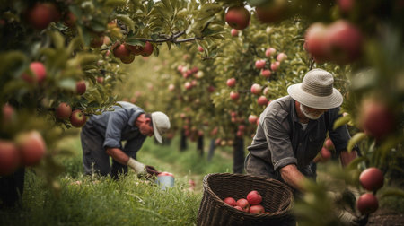 Harvesting apples in an apple orchard - Two men picking apples from a treeの素材