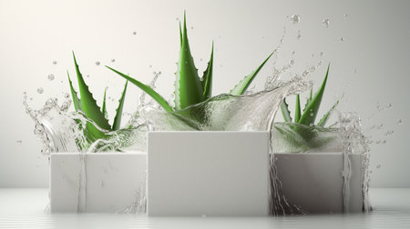3d rendering of podium for product presentation with Aloe vera plant, green leaves in water splashの素材