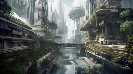 Fantasy landscape of a green city. 3d rendering. Computer digital drawing.の素材