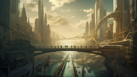 Double exposure of a bridge over the river with skyscrapers in the backgroundの素材