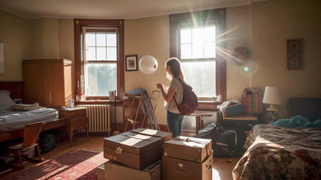 Young woman student unpacking his stuff into a new room, moving day concept. Generative AI.の素材
