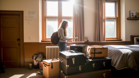 Young woman student unpacking his stuff into a new room, moving day concept. Generative AI.の素材