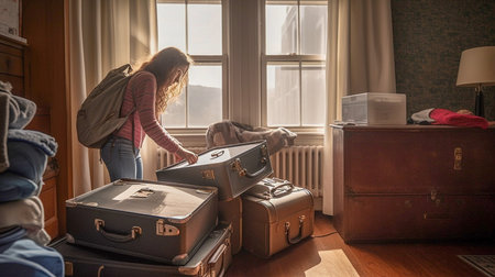 Young woman student unpacking his stuff into a new room, moving day concept. Generative AI.の素材