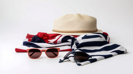 Beach accessories on a white background. Straw hat, sunglasses, striped scarf.の素材