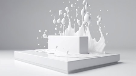 3d render of white podium with splash and drops of milk.の素材
