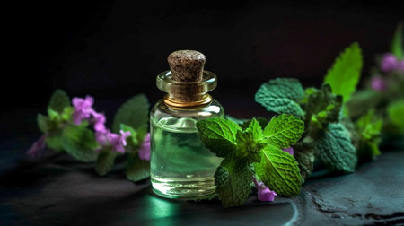 A bottle of essential oil with fresh mint leaves and flowers on a black backgroundの素材