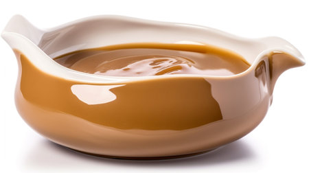 Gravy sauce in a gravy boat, a traditional addition to sweet potato puree, Thanksgiving. Isolated on a white background. Generative AI.の素材